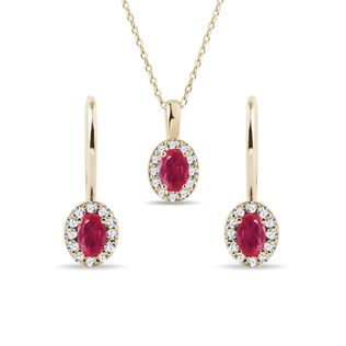 RUBY AND DIAMOND HALO JEWELRY SET IN 14K GOLD - GEMSTONE SETS - FINE JEWELRY