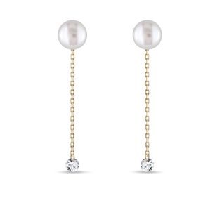 PEARL AND DIAMOND CHAIN EARRINGS IN 14K GOLD - PEARL EARRINGS - PEARL JEWELRY